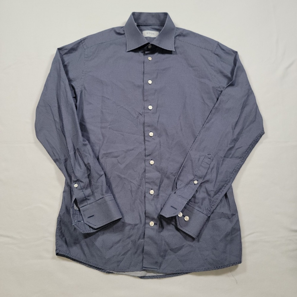 Eton Men Dress Shirt 39 15.5 Slim Fit Blue Polka Dot Cotton - Picture 2 of 10